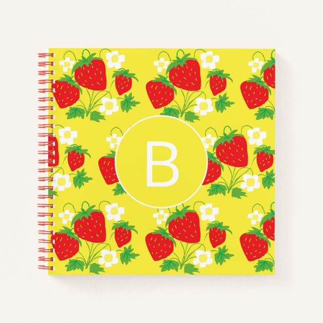 Strawberry and Flower Yellow Pattern Monogrammed Notebook (Front)