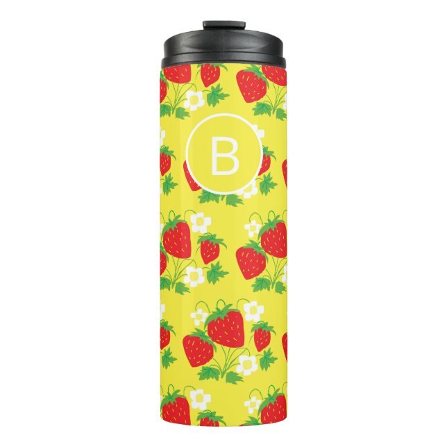 Strawberry and Flower Yellow Pattern Monogrammed Thermal Tumbler (Front)