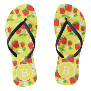 Strawberry and Flower Yellow Pattern Monogrammed Thongs