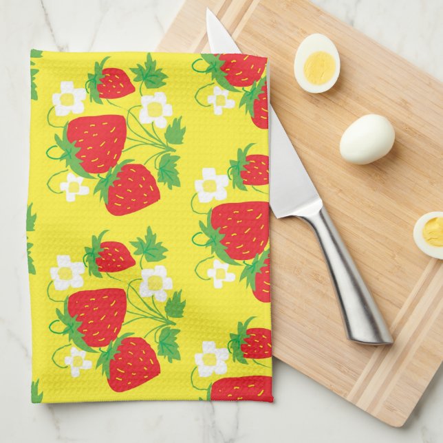 Strawberry and Flower Yellow Pattern Tea Towel (Quarter Fold)