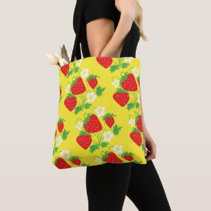 Strawberry and Flower Yellow Pattern Tote Bag