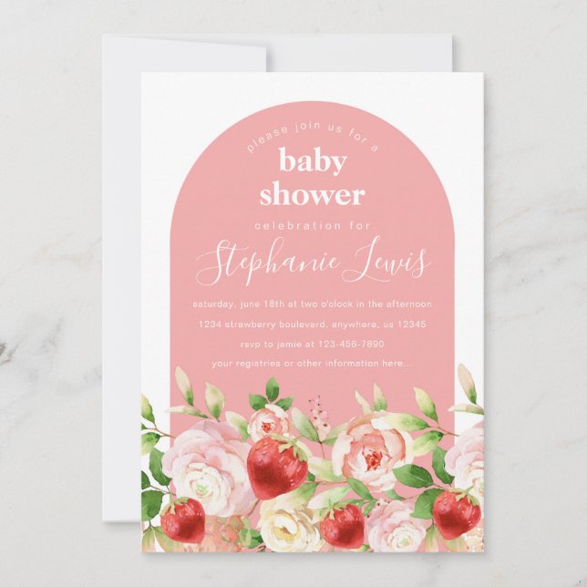 Strawberry and Flowers Girl Baby Shower Invitation (Front)