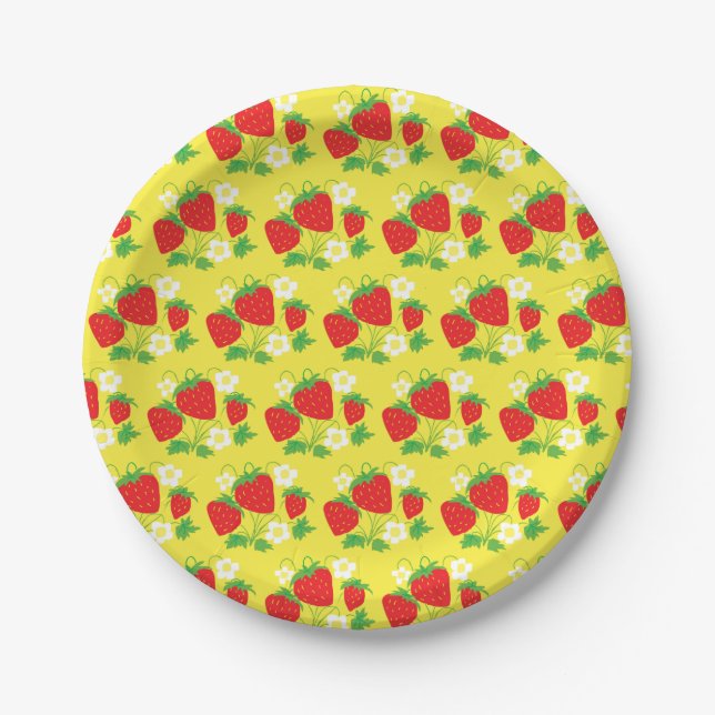 Strawberry and Flowers Pattern Yellow Paper Plate (Front)