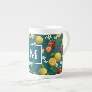 Strawberry and Lemon Blossom Design on Blue Bone China Mug