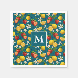 Strawberry and Lemon Blossom Design on Blue Napkin