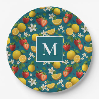 Strawberry and Lemon Blossom Pattern on Blue Paper Plate