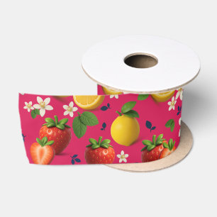 Strawberry and Lemon Pattern with Blossoms Satin Ribbon