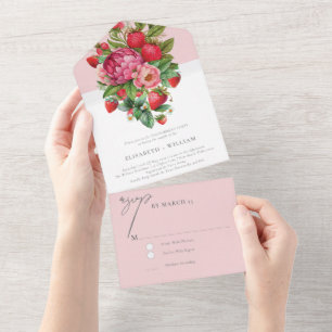 Strawberry and Peonies Engagement Party Rsvp All In One Invitation