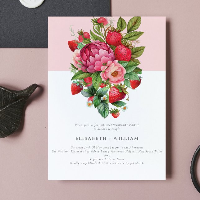 Strawberry and Peonies Summer Any Year Anniversary Invitation (Creator Uploaded)