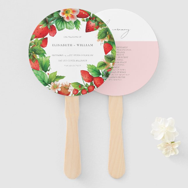 Strawberry and Peonies Summer Wedding Program Hand Fan (Front and Back)