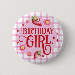 Strawberry and Pink Gingham Birthday Girl 6 Cm Round Badge