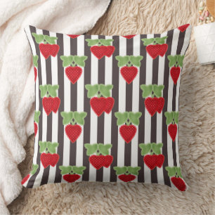 Strawberry applique on striped background retro cushion