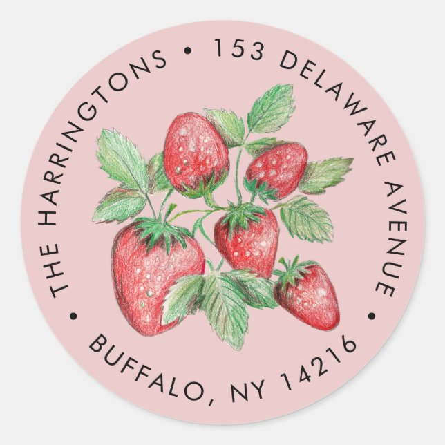 Strawberry Art Pink Botanical Return Address Classic Round Sticker (Front)
