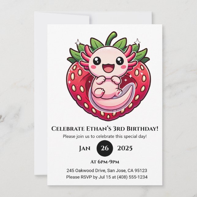Strawberry Axolotl Joy Birthday Invitation (Front)