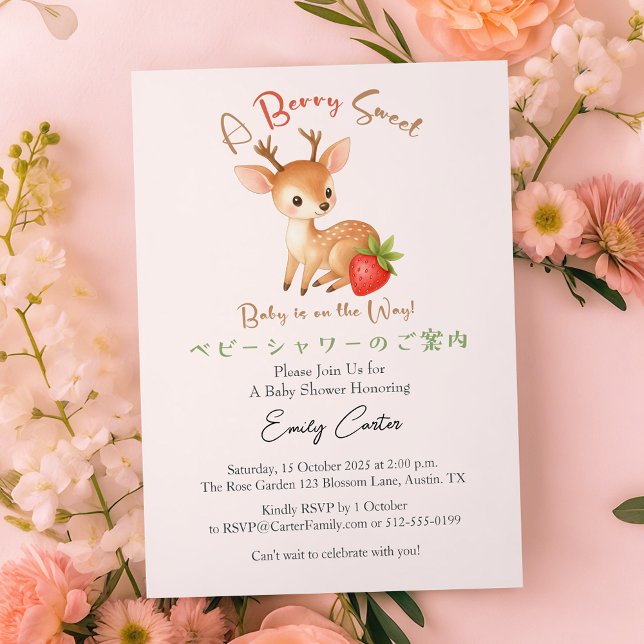 Strawberry Baby Girl Shower Berry Sweet Pink Deer Invitation (Creator Uploaded)