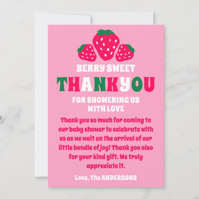Strawberry Baby Girl Shower Berry Sweet Thank You Card (Front)