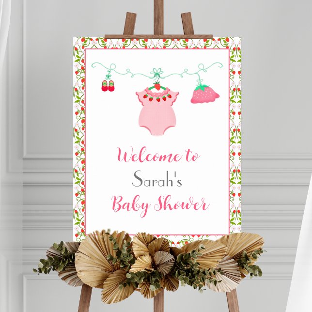 Strawberry Baby Outfit With Pattern Baby Welcome  Poster (Welcome your guest with this Strawberry Baby Outfit Poster, Patterned Perfection Awaits!)