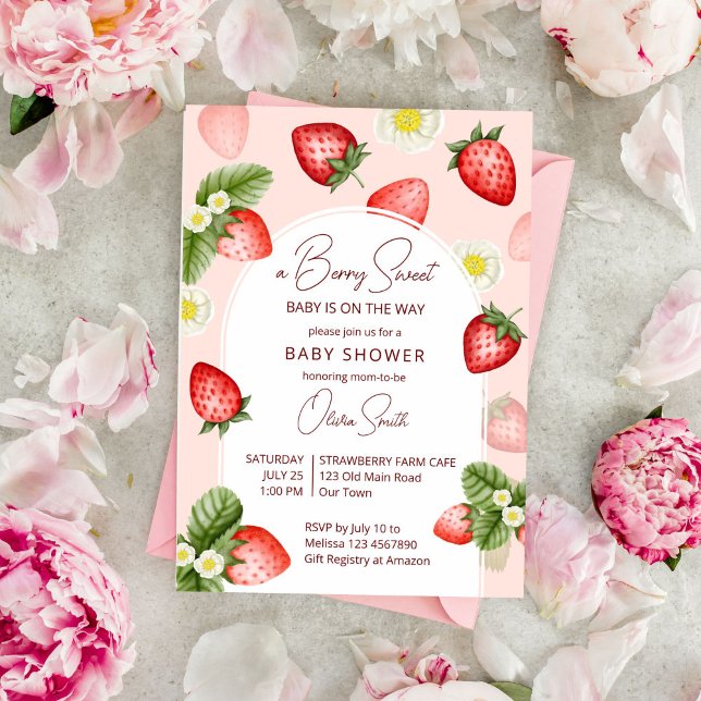 Strawberry baby shower berry sweet  invitation (Berry sweet strawberry baby shower invitation template instant download strawberry arch watercolor)