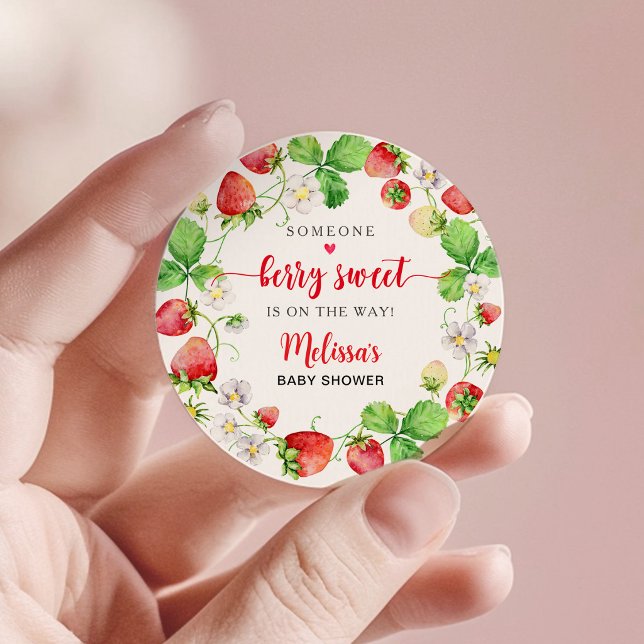 Strawberry Baby Shower Classic Round Sticker (Creator Uploaded)