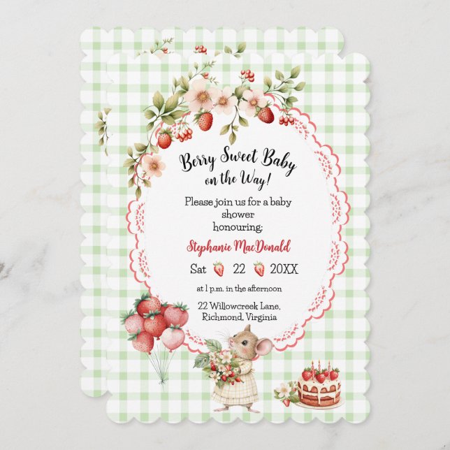 Strawberry Baby Shower Invitation- Green Gingham Invitation (Front/Back)
