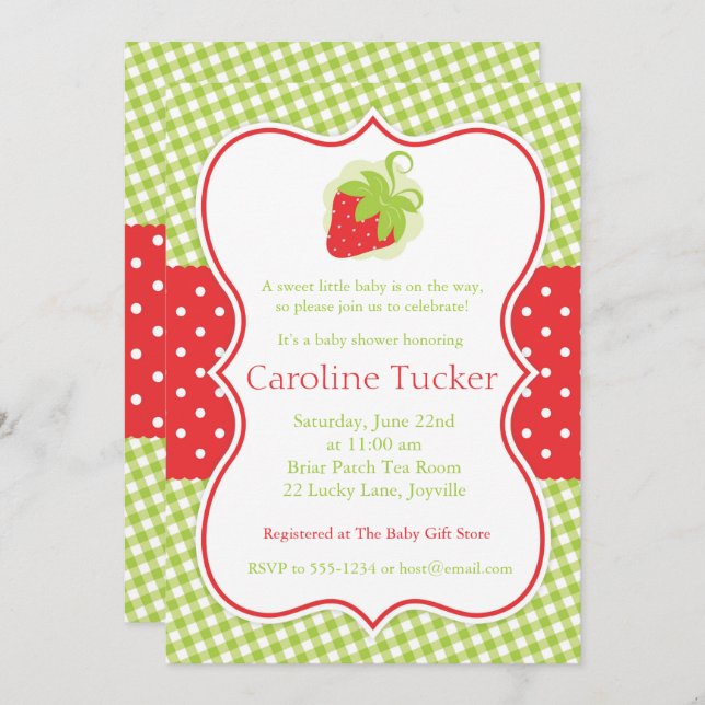 Strawberry Baby Shower Invitation in Red and Green (Front/Back)