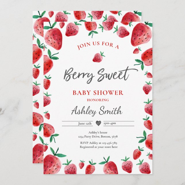 Strawberry Baby Shower Summer Berry Sweet Baby Invitation (Front/Back)