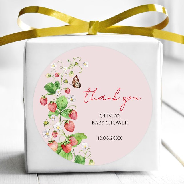 Strawberry Baby Shower Thank You Classic Round Sticker (Creator Uploaded)