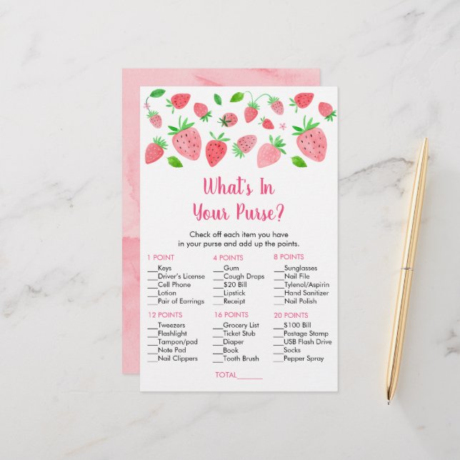 Strawberry Baby Shower What's In Your Purse Game (Front/Back In Situ)