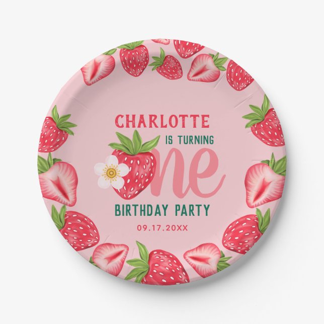 Strawberry Baby Turning One 1st Birthday Party  Paper Plate (Front)