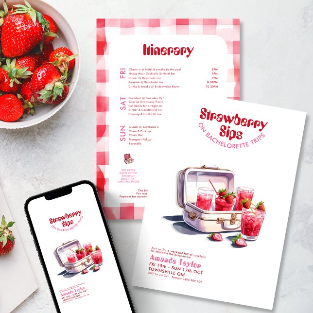 Strawberry Bachelorette Itinerary Weekend Trip  Invitation (Strawberry Bachelorette Weekend trip Invitation and itinerary. Pink red vintage cocktail watercolor )