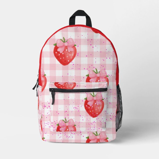 strawberry back to school pink and red  printed backpack (Front)