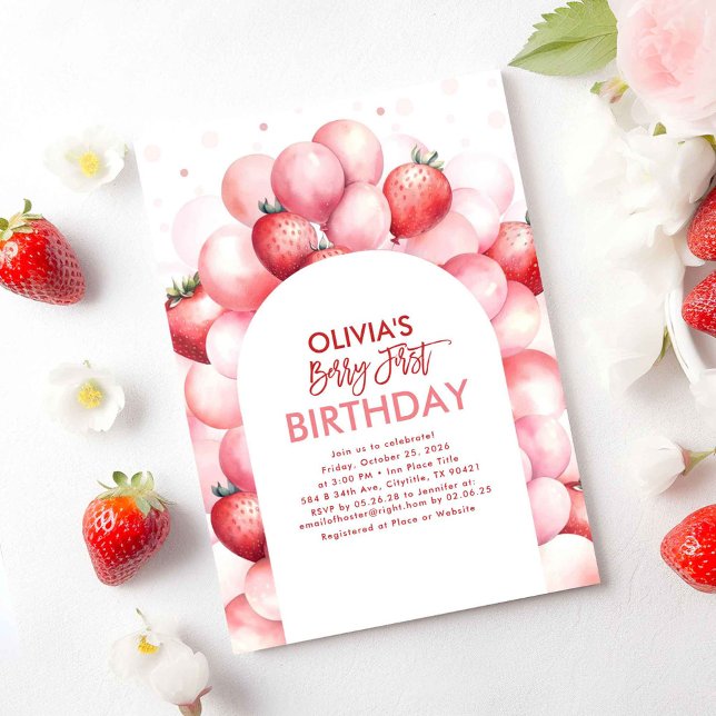 Strawberry Balloons Berry First 1st Birthday Invitation (Strawberry First Birthday Invitations)