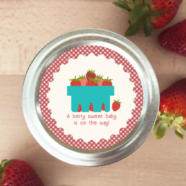 Strawberry Basket Gingham Berry Sweet Baby Shower Classic Round Sticker (Creator Uploaded)