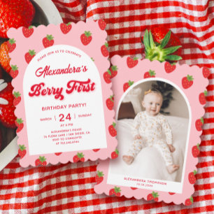 Strawberry Berry 1st Birthday Photo  Invitation