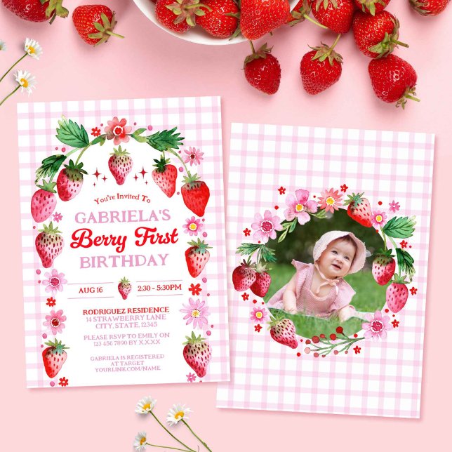 Strawberry Berry 1st Birthday Watercolor Photo Invitation (Strawberry Berry 1st Birthday Watercolor Photo Invitation)