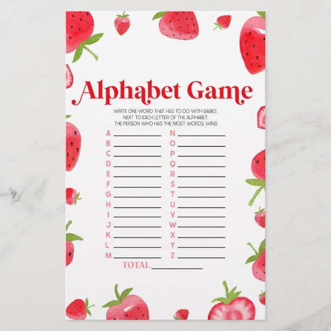 Strawberry Berry Alphabet Baby Shower Game Stationery (Front)