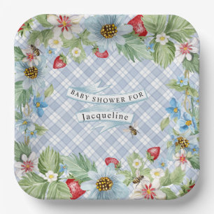Strawberry Berry Blue Gingham Baby to Bee Shower Paper Plate