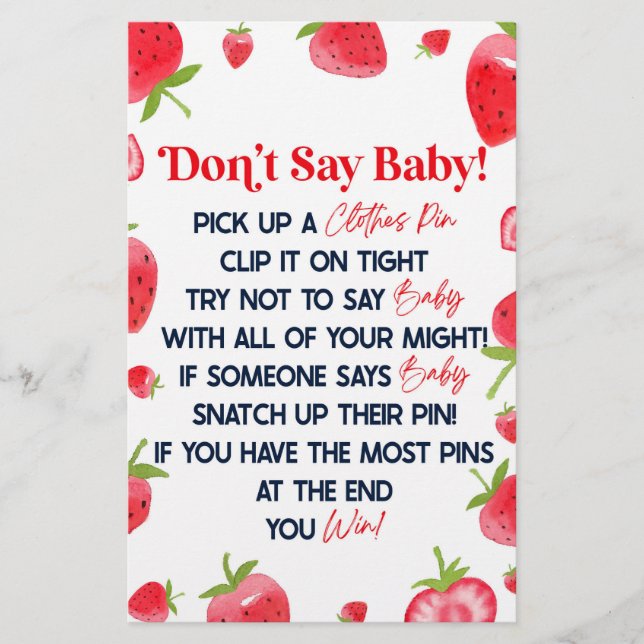 Strawberry Berry Don't Say Baby Shower Game Stationery (Front)