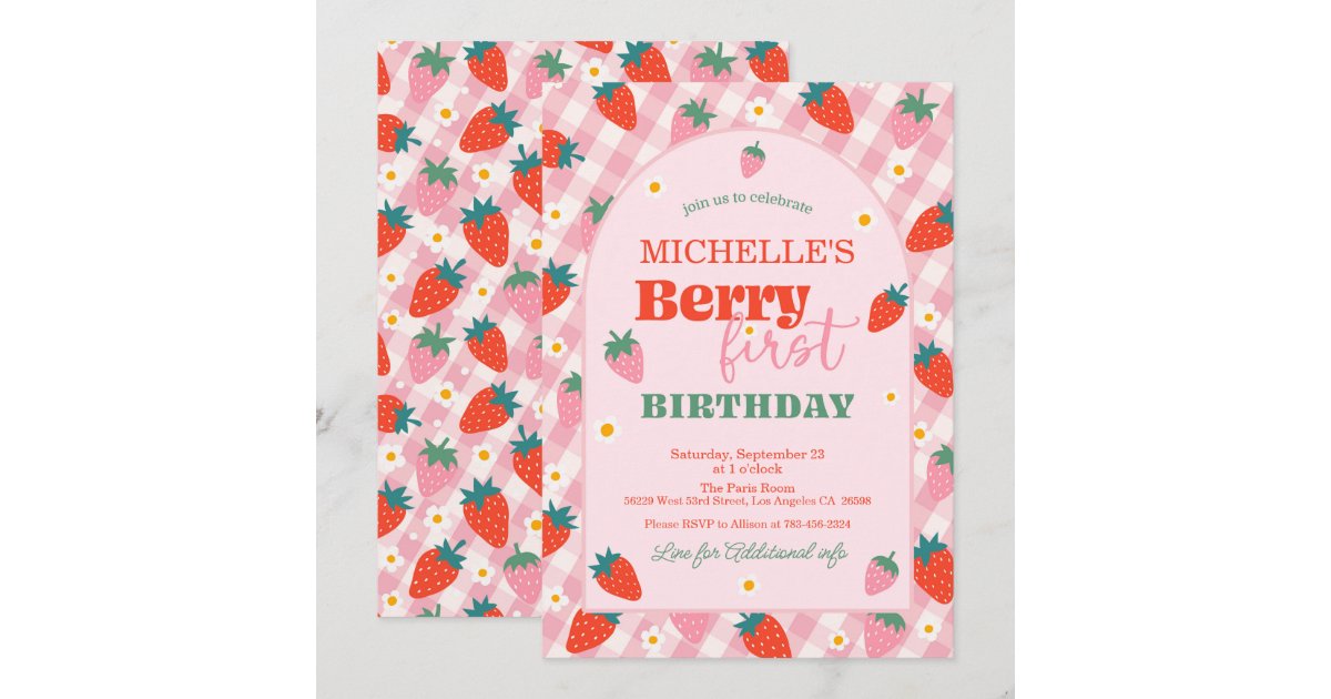 Strawberry Berry First 1st Birthday Gingham Invitation | Zazzle