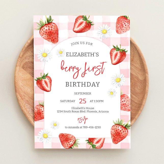 Strawberry Berry First 1st Birthday Invitation (Creator Uploaded)