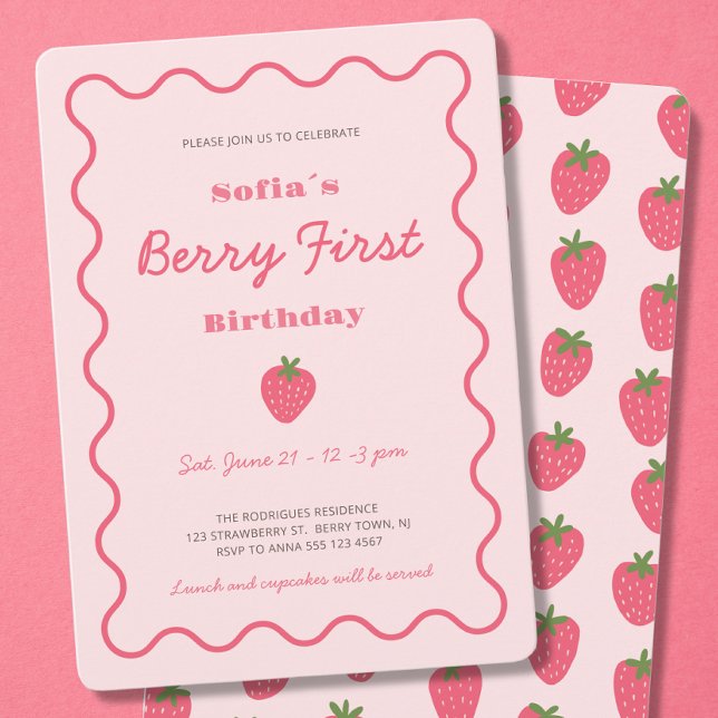 Strawberry Berry First 1st Birthday Invitation (Girl Strawberry Berry First Birthday 1st Birthday Invitation with scallop border in blush pink red.)