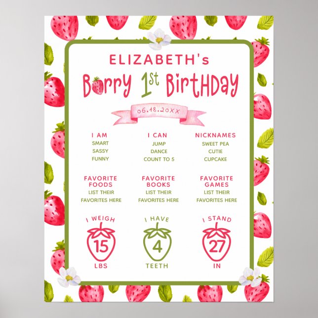 Strawberry Berry First 1st Birthday Milestones Poster (Front)