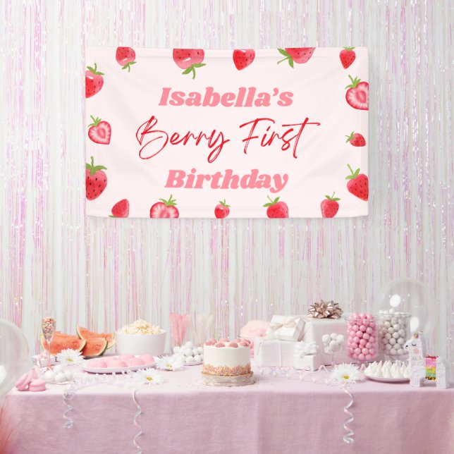 Strawberry Berry First 1st Birthday Party Banner (Party)