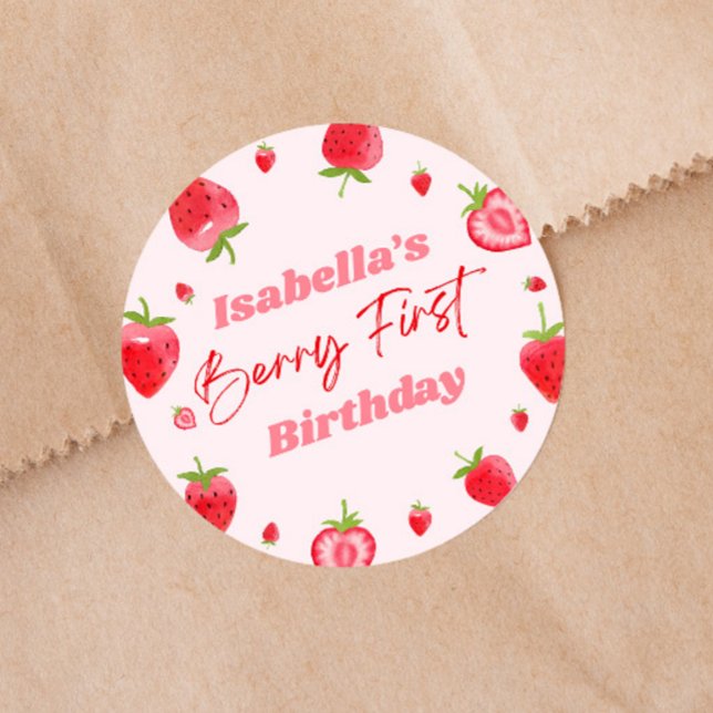 Strawberry Berry First 1st Birthday Party Classic Round Sticker (Creator Uploaded)