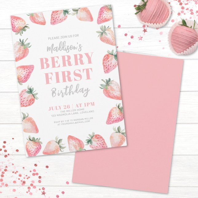 Strawberry Berry First 1st Birthday Party Invitation (Strawberry Berry Sweet Baby Shower Invitation)