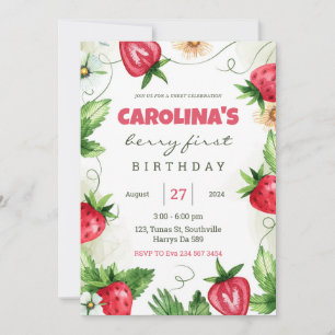 Strawberry Berry First 1st Birthday Party  Invitation