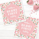 Strawberry Berry First 1st Birthday Party Napkin<br><div class="desc">A cute and girly Berry First 1st birthday party napkin, perfect for adding a sweet touch to your celebration. This design features a watercolor pink strawberry pattern with green leaves around the edges. The centre has a soft pink circle with Kid's Name BERRY FIRST Birthday in white, creating a charming...</div>