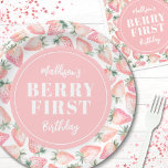 Strawberry Berry First 1st Birthday Party Paper Plate<br><div class="desc">A cute and girly Berry First 1st birthday paper plate design featuring a watercolor pink strawberry pattern with green leaves around the edge. The centre of the plate has a soft pink circle with Kid's Name BERRY FIRST Birthday in white, adding a sweet and personalised touch. This design is perfect...</div>