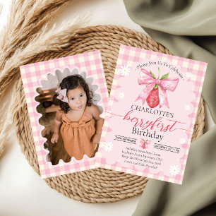 Strawberry Berry First 1st Birthday Party Photo Invitation