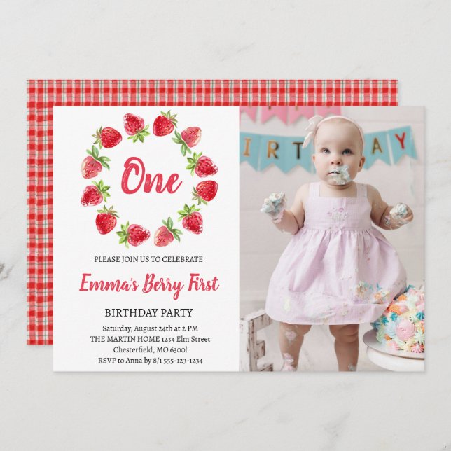 Strawberry Berry First 1st Birthday Photo Invitation (Front/Back)